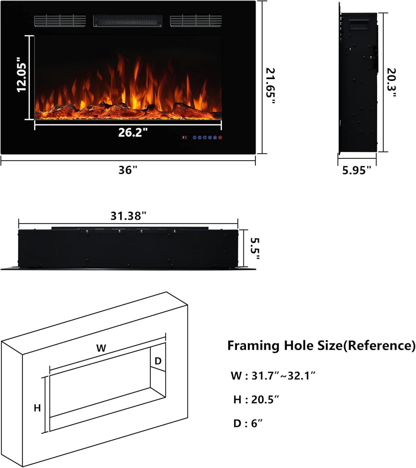 Electric Fireplace 36inches, Wall-Mounted & Recessed Fireplace Inserts, Multicolor Flame w/5 Dimmer, Remote Control Thermostat, Timer, Overheating Protection, Hardwire Connect, 1500W,Black