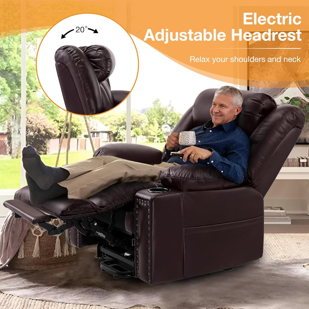 Triple Motor Large Power Lift Recliner Chair for Elderly with Heat and Massage, Lay Flat Lift Chairs for Seniors Infinite Position, Extended Footrest (Dark Brown)