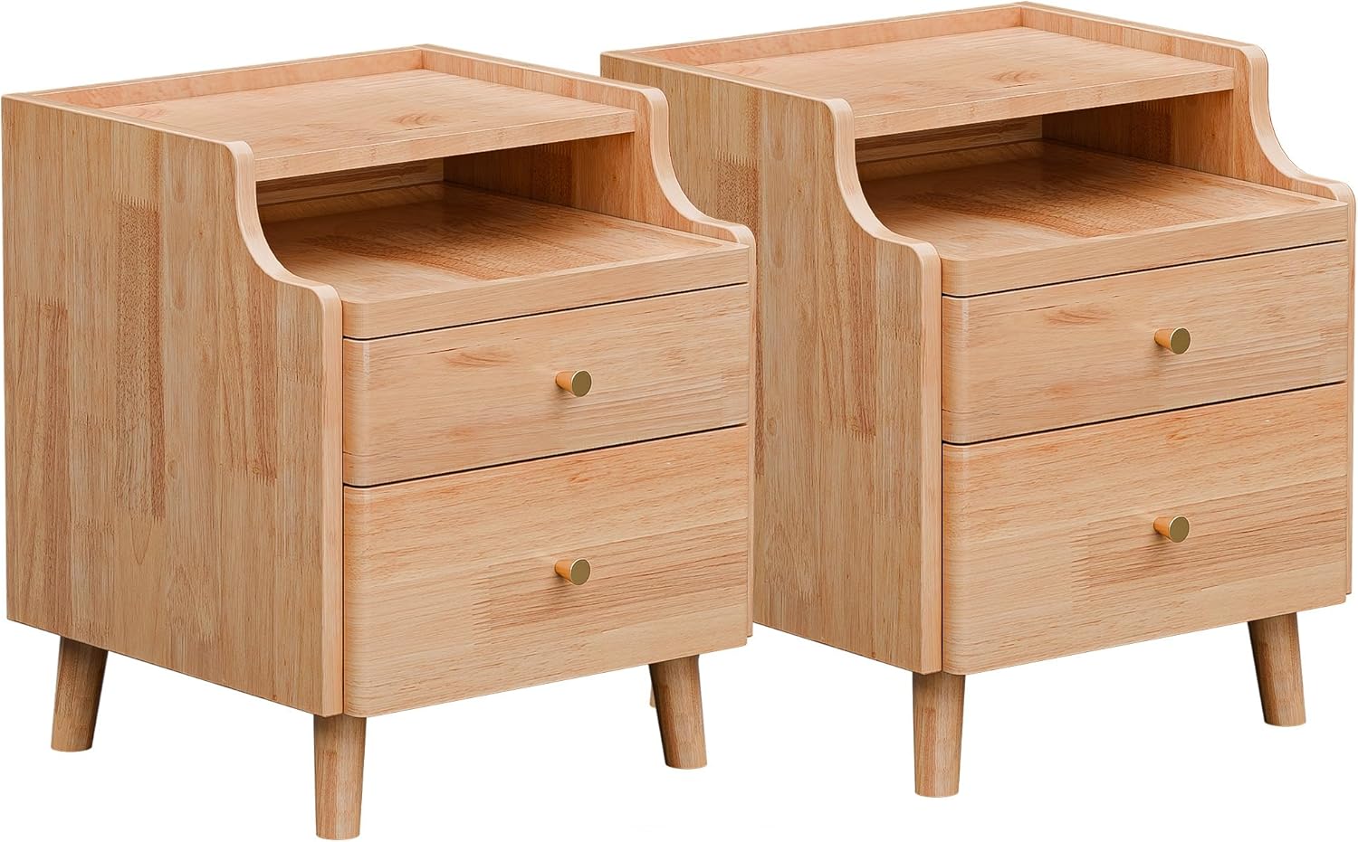 Nightstand Set of 2, Pre-Assembled, 19.7“H Solid Wood Night Stand with 2 Drawers, Open Sliding Shelf, Mid Century Modern Small Bedside Table for Bedroom, Natural Oak 16"
