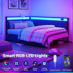 Hasuit Corner Bed Frame with Storage Drawers, Twin Daybed with Line Fabric Upholstered Fence, Kids Bed Unit with LED Light and Charging Station, Modern Bed Frame