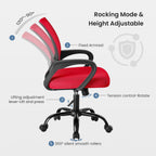 DUMOS Home Office Chair - Ergonomic Mid Back Mesh Desk Chair with Lumbar Support & Rocking Mode, Height Adjustable with Fixed Armrest, for Computer, Gaming, Meeting, 360° Swivel, Red