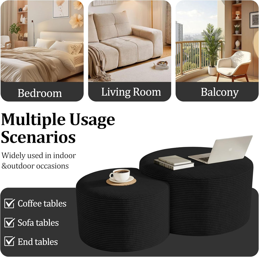 Round Nesting Coffee Table Set of 2,Upholstered Foam Ottoman Footrest Side Table Set,Modern Flannel Circle Coffee Table No Assembly for Living Room Entryway Bedroom,Black