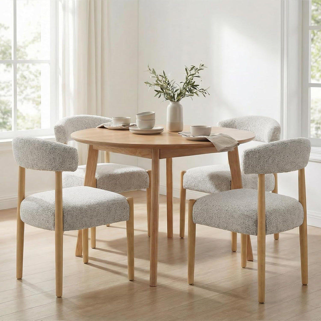 VKNOW Wooden Dining Chairs Set of 4, Modern Upholstered Dining Room Chairs with Rubberwood Legs and Curved Backrest, Fabric Kitchen Chairs for Farmhouse/Living Room/Dining Room, Heathered Off-White