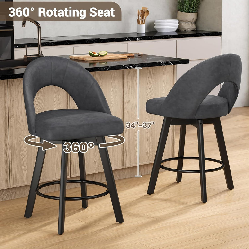 24” Counter Height Bar Stools Set of 2, Modern Swivel Bar Stools with Ergonomic Curved Back, Faux Leather Seat & Solid Wood Legs, Charcoal Grey