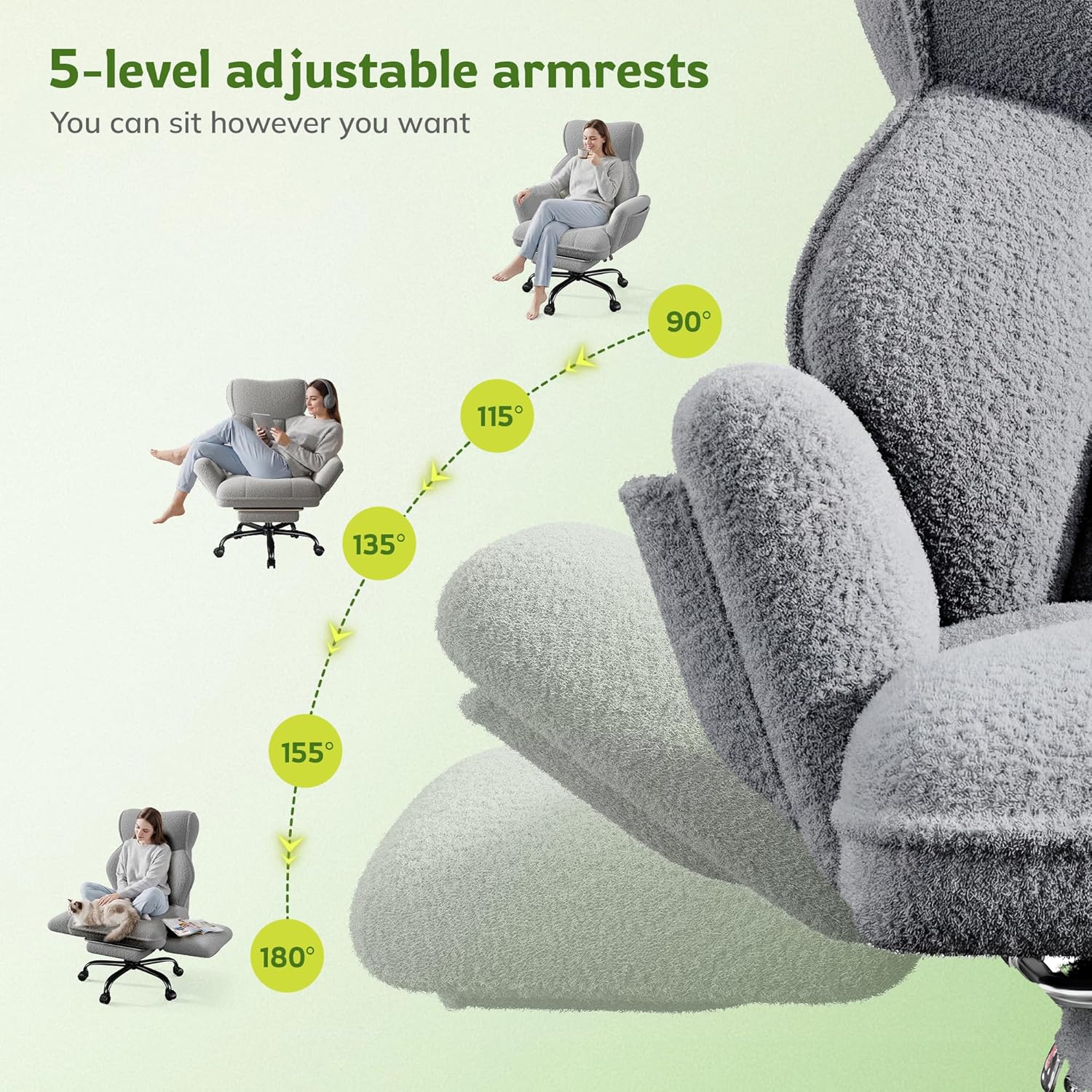 Big and Tall Office Chair with Adjustable Arms and Back, Ergonomic Office Chair with Footrest and Comfortable Fabric for Home Office, Bedroom,Grey