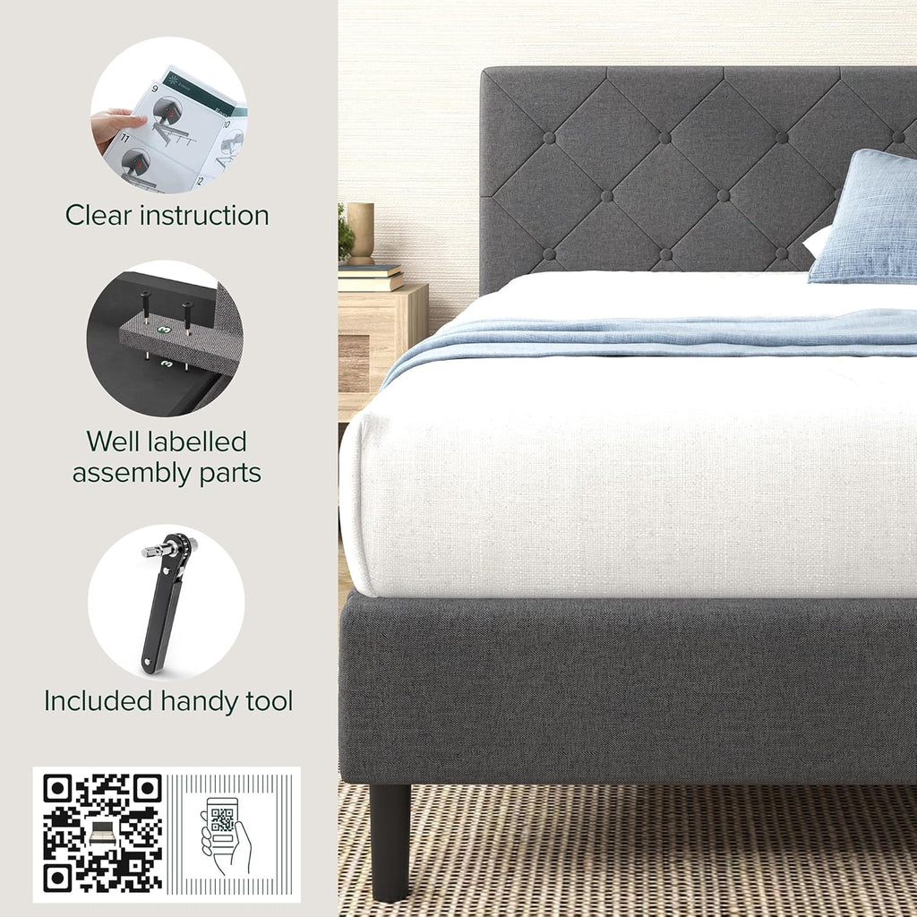 Zinus King Shalini Upholstered Platform Bed Frame with Headboard New WonderBox(TM) Version, Wooden Slat Support, No Box Spring Needed, Easy Assembly, Eco Friendly Packaging, Dark Grey