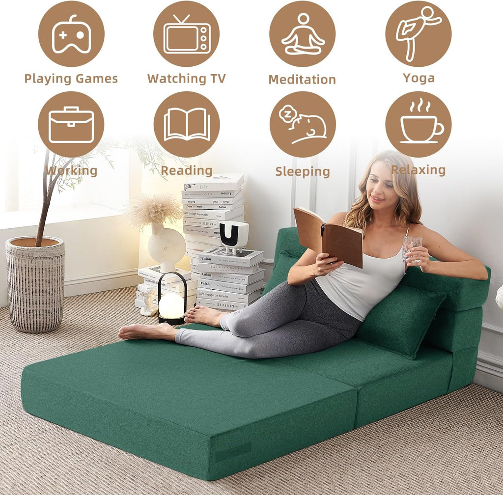 FILUXE Folding Sofa Bed | Convertible Sleeper Chair Bed for Adults, Fold Out Chair to Bed Linen Futon Chair with Pillow, for Home Dorm Apartment RV Living Room, Standard Size,Dark Green