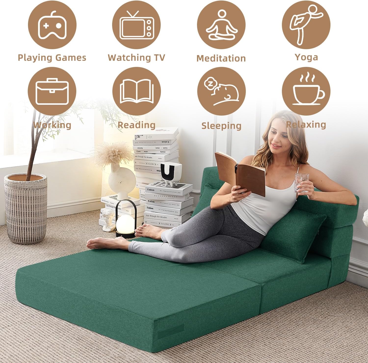 FILUXE Folding Sofa Bed | Convertible Sleeper Chair Bed for Adults, Fold Out Chair to Bed Linen Futon Chair with Pillow, for Home Dorm Apartment RV Living Room, Standard Size,Dark Green