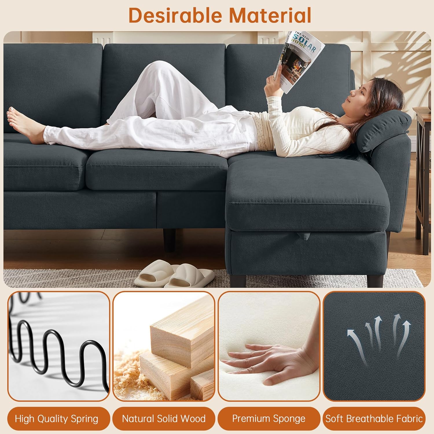 Convertible Sectional Sofa, Modern L Shaped 3-seat Sofa, 79" Linen Fabric Small Sectional Couch with Movable Ottoman, Couch for Small Spaces Living Room (Dark Grey)