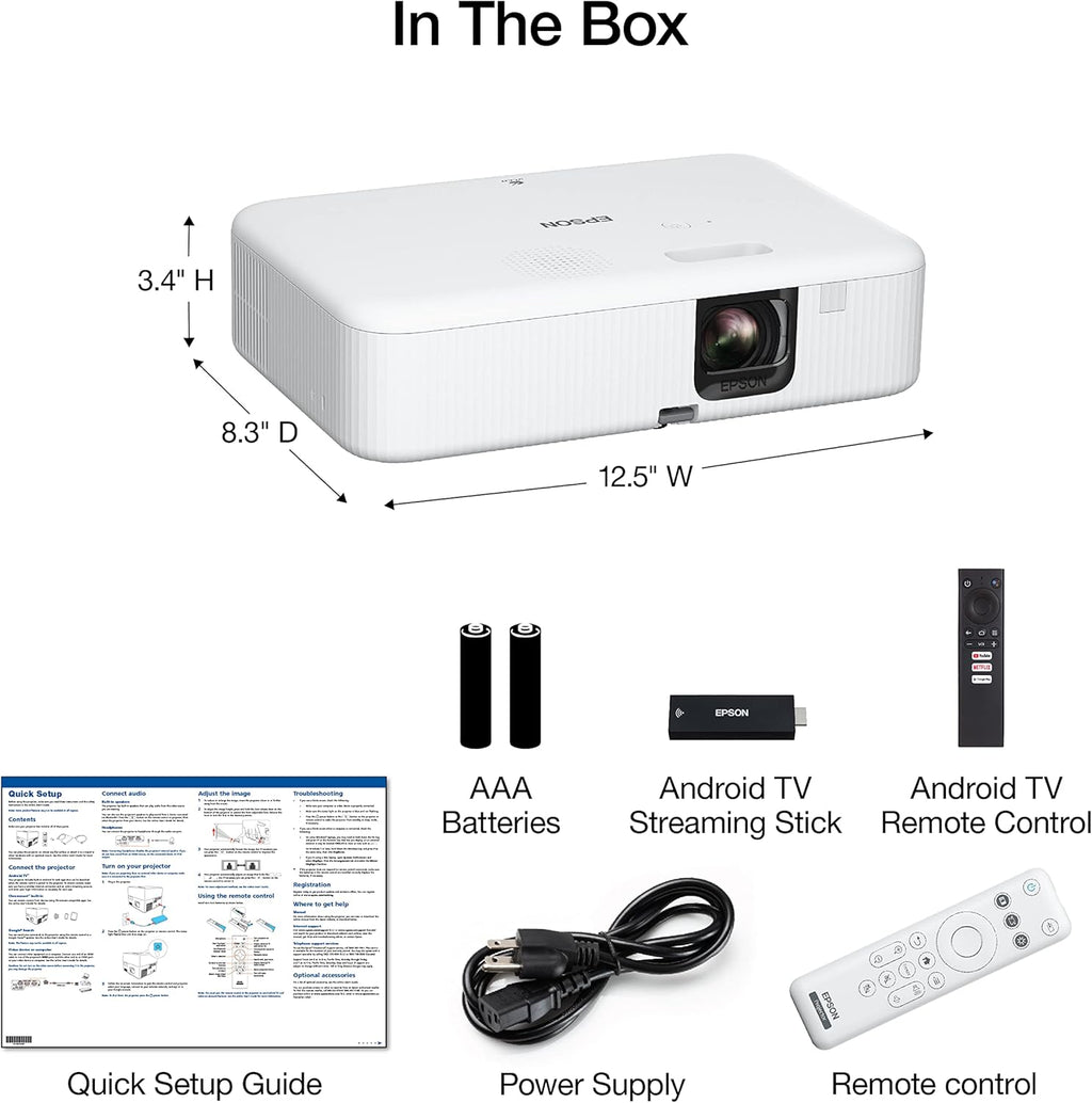 Epson EpiqVision Flex CO-FH02 Full HD 1080p Smart Streaming Portable Projector  3-Chip 3LCD  3 000 Lumen Color/White Brightness  Android TV  Bluetooth  5W Speaker  Home Entertainment (Renewed)