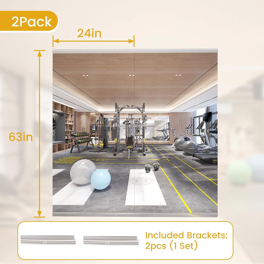 Frameless Tempered Glass Gym Mirror - 63x24 2Pack Full Body Yoga Mirror for Wall Mounting Suitable for Gym, Yoga, Studio, Bedroom & Dancing Studio
