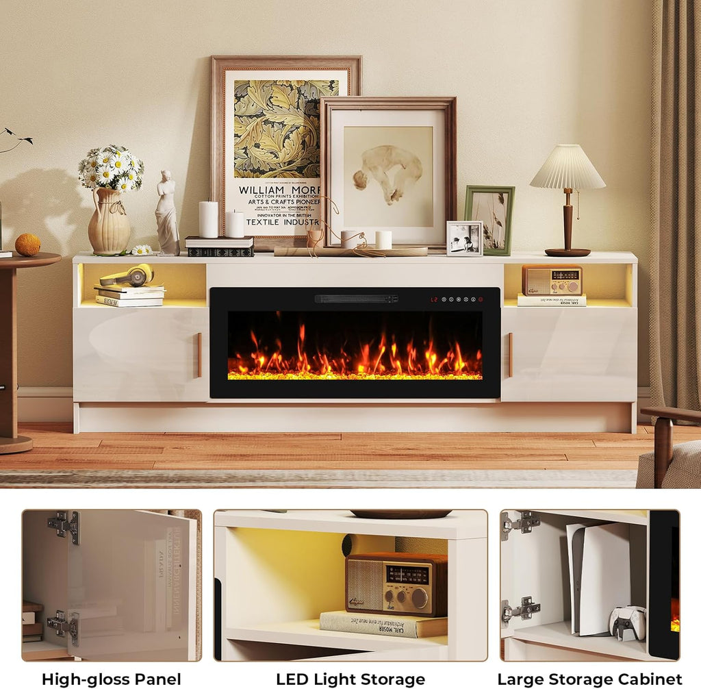 70" Electric Fireplace TV Stand for TVs Up to 80", LED Light Media Console with 36" Electric Heater, Storage Cabinet, Entertainment Center for Living Room, White
