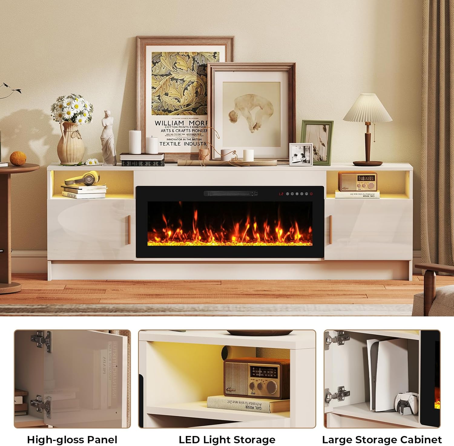 70" Electric Fireplace TV Stand for TVs Up to 80", LED Light Media Console with 36" Electric Heater, Storage Cabinet, Entertainment Center for Living Room, White