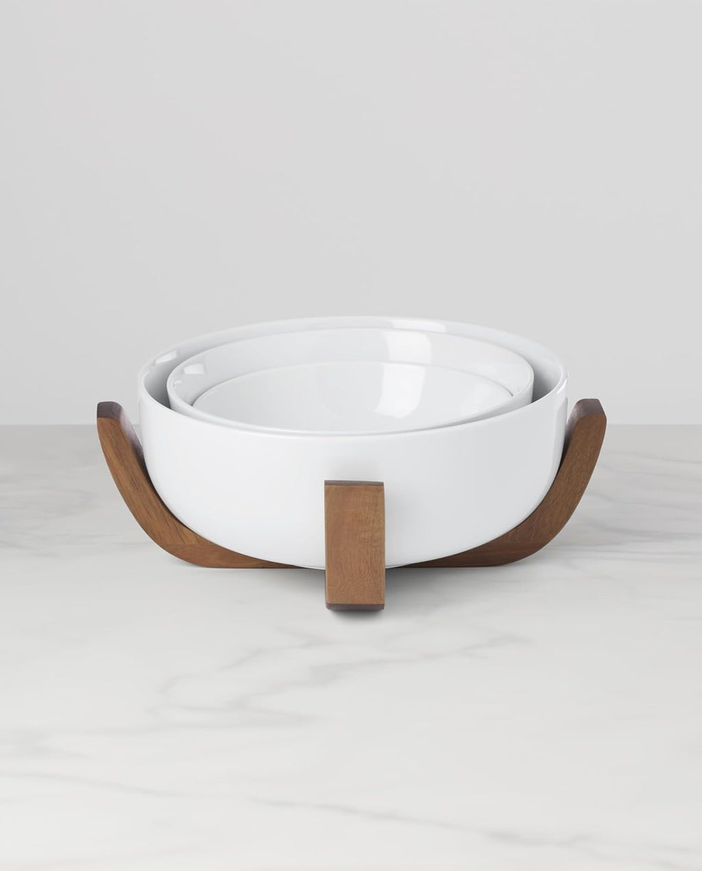Oneida Serveware, 24 Seven 3-Piece Nesting Bowl Set With Wood Stand, Porcelain Material Wooden Stand, Home And Kitchen, Dishwasher And Microwave Safe, Serving Bowls, Salad Bowl (White, 4 Pieces)