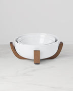 Oneida Serveware, 24 Seven 3-Piece Nesting Bowl Set With Wood Stand, Porcelain Material Wooden Stand, Home And Kitchen, Dishwasher And Microwave Safe, Serving Bowls, Salad Bowl (White, 4 Pieces)