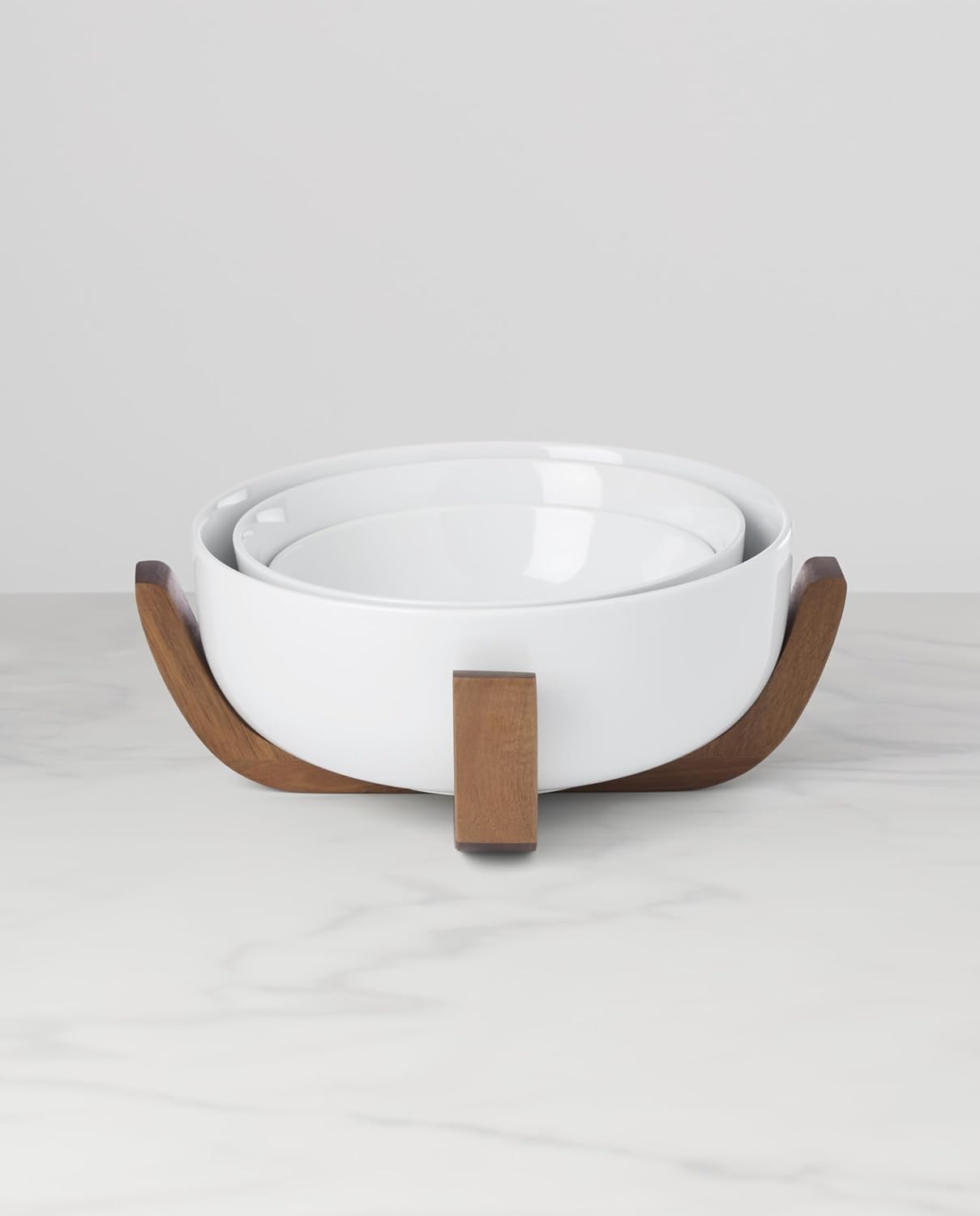Oneida Serveware, 24 Seven 3-Piece Nesting Bowl Set With Wood Stand, Porcelain Material Wooden Stand, Home And Kitchen, Dishwasher And Microwave Safe, Serving Bowls, Salad Bowl (White, 4 Pieces)