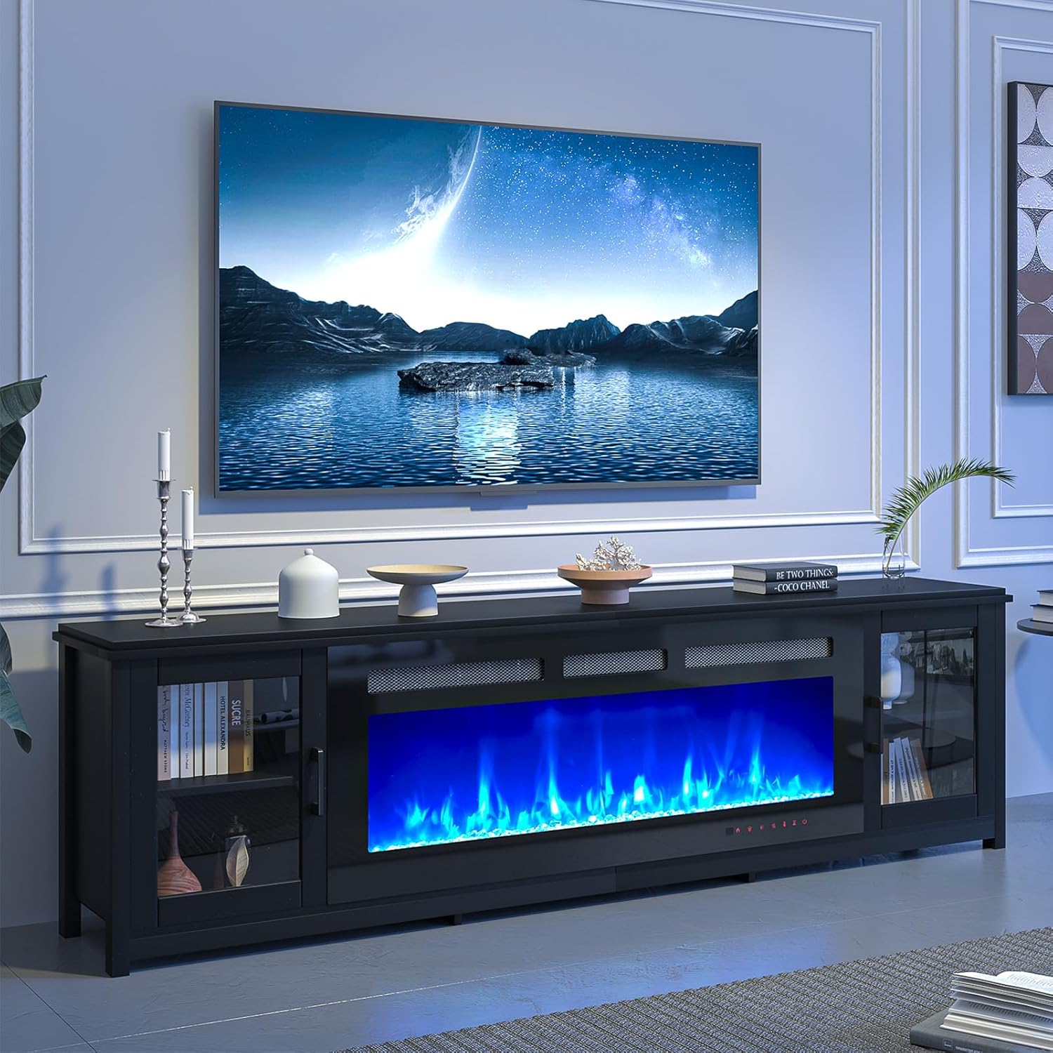 MXV 80" Fireplace TV Stand, Modern Entertainment Center with 50 Inch Smart Fireplace, Adjustable Shelf & Glass Door, Fire Place with WI-FI Enabled, TV Console for Living Room, Black