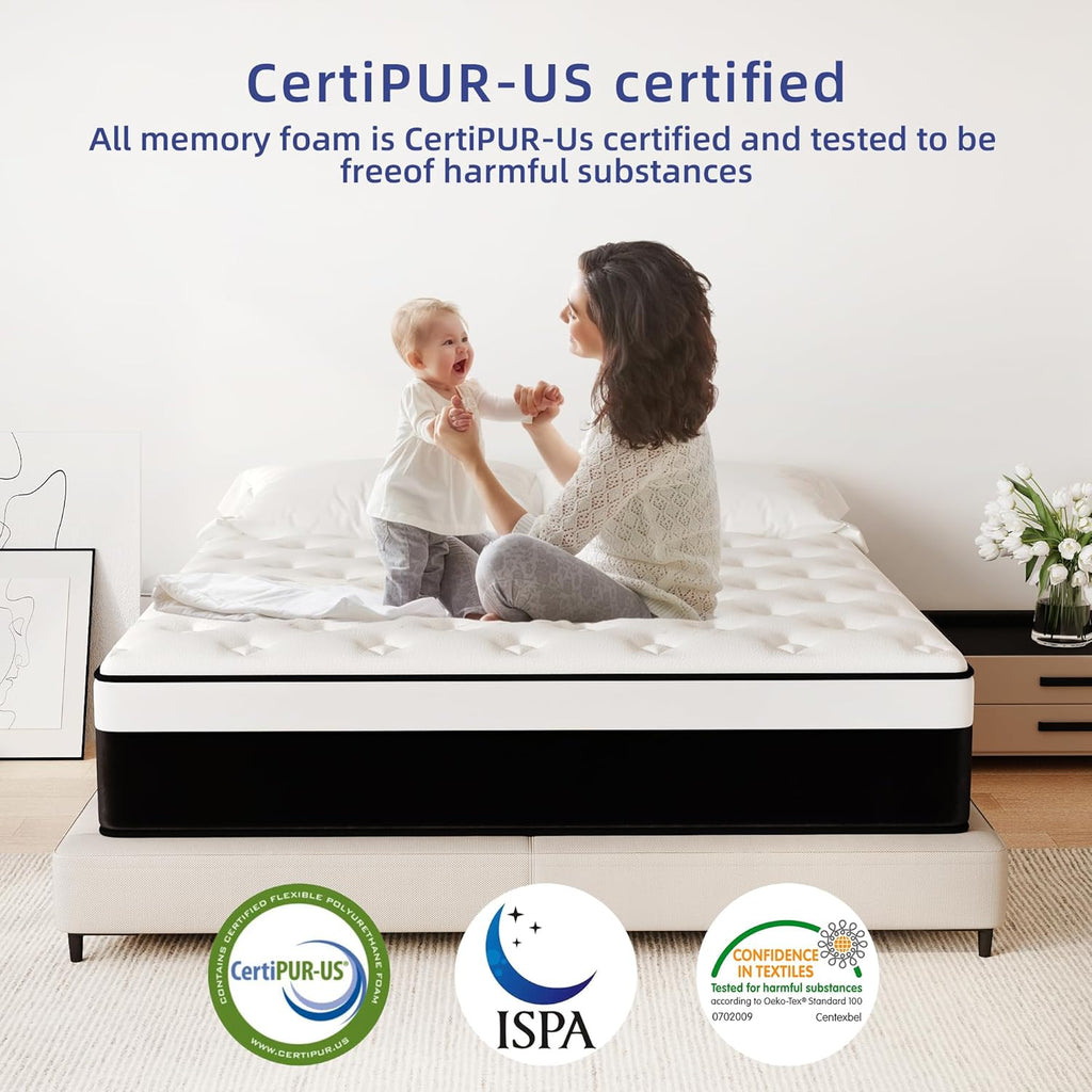 Queen Mattress, 14 Inch Queen Hybrid Mattress in a Box with Memory Foam, Medium Firm, Euro Top, Reinforced Edge Support, Pressure Relief & Motion Isolation, CertiPUR-US Certified