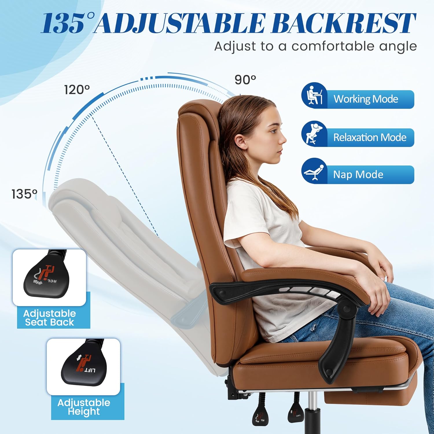 Furmax Office Chair with Footrest Ergonomic High Back Design Executive Computer Desk Chair400lbs, 90-135° Reclining Leather Home Office Desk Chairs Swivel Task Chairs with Wheels (Brown)