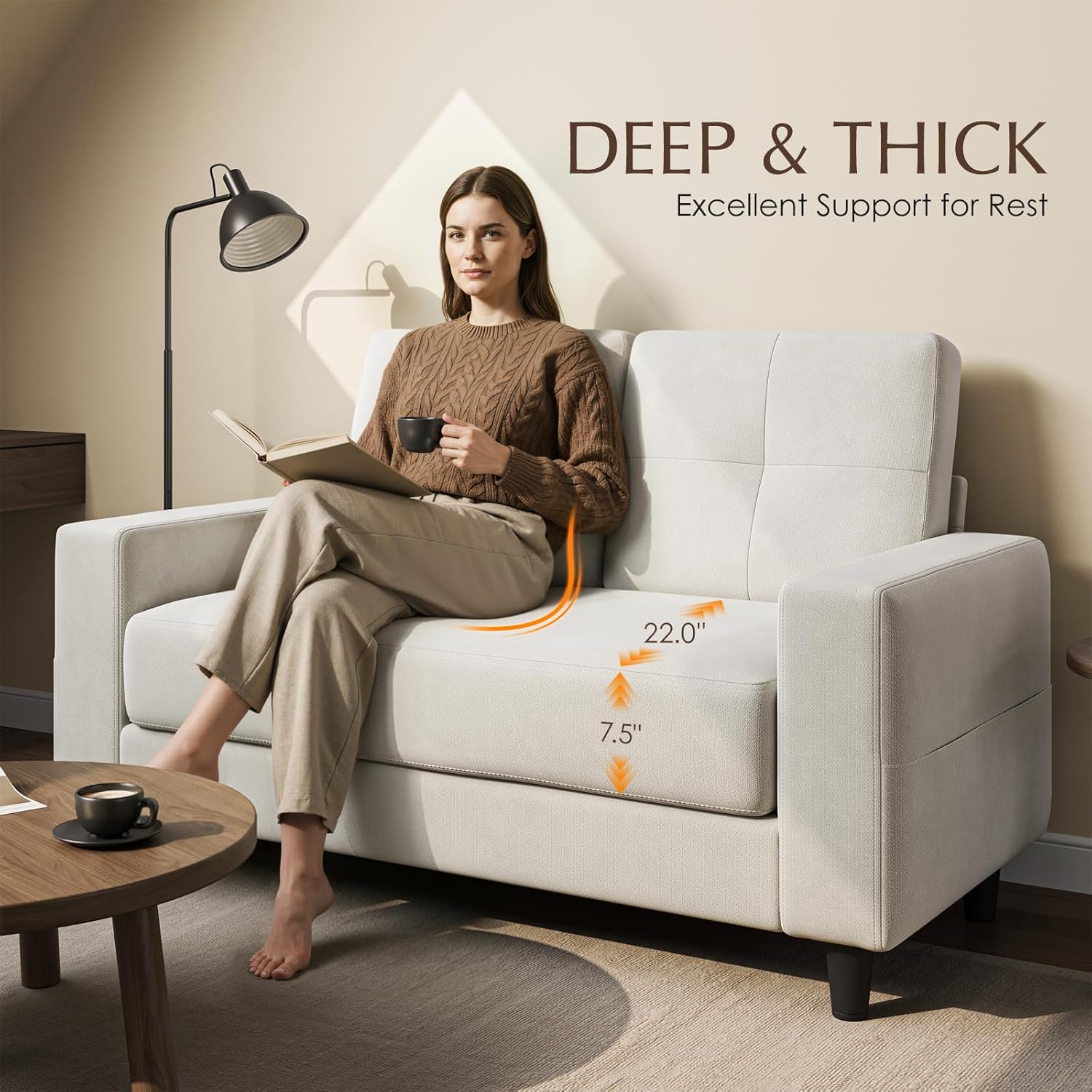 Loveseat Sofa丨53 inch Love Seat Small Couch for Small Space 丨7.5” Thick Seat Cushion Sofas for Bedroom丨Chenille Mini Couch for Apartment Beige