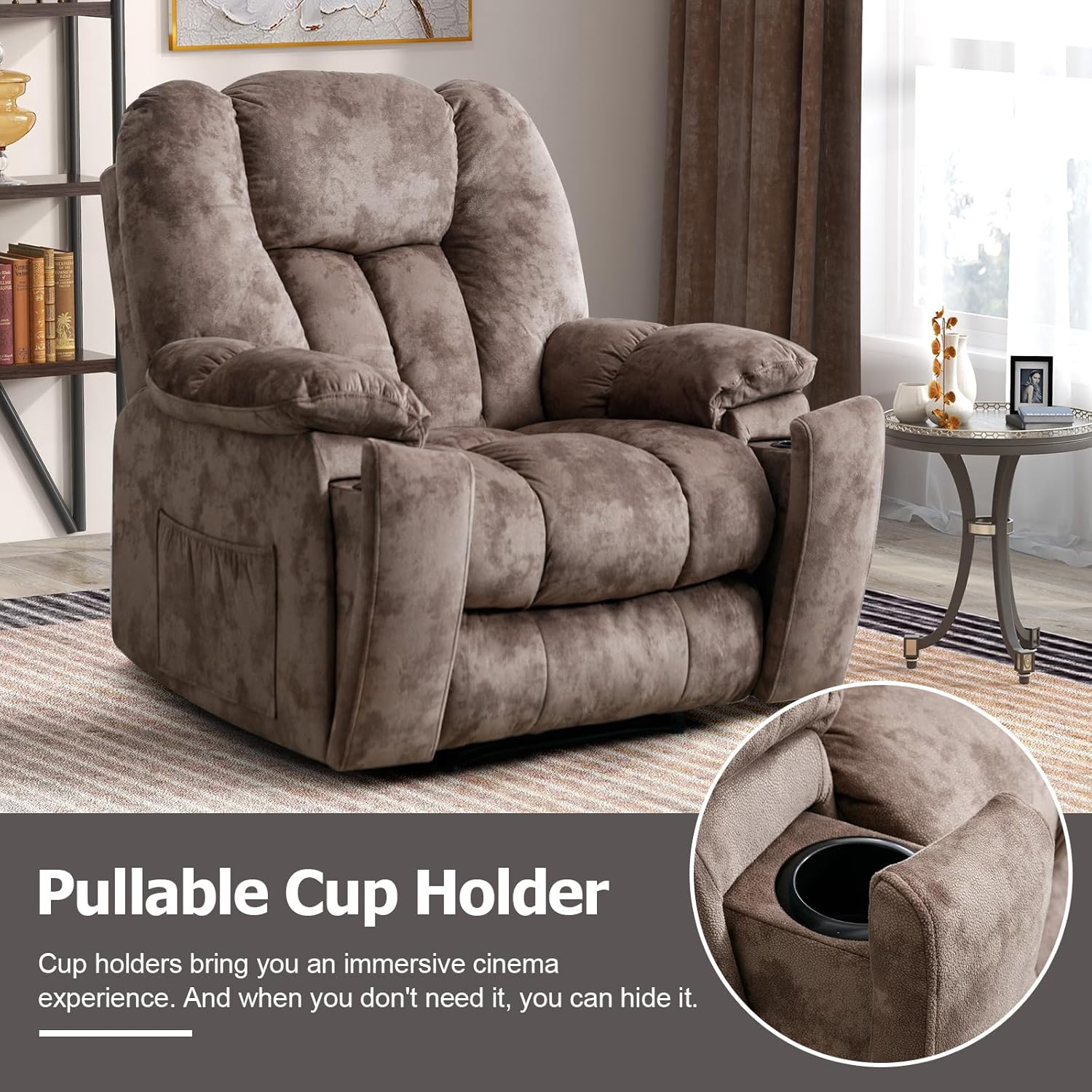 CANMOV Manual Reclining Chair-Overstuffed Recliner Chair with Cup Holder Side Pocket Footrest Fabric Recliners for Living Room Bedroom, Apricot
