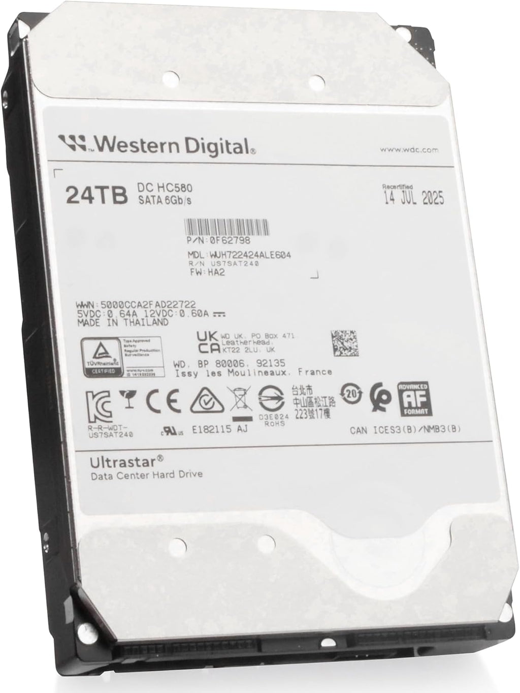 Western Digital Ultrastar DC HC580 WUH722424ALE604 0F62798 24TB 7.2K RPM SATA 6Gb/s 512e 3.5in Enterprise Hard Drive (Renewed)