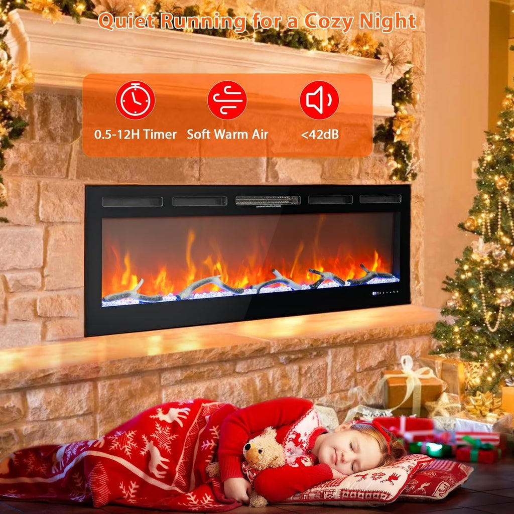 60 in Electric Fireplace, Recessed/Wall Mounted Linear Fireplace with WiFi & Remote Control, Multicolor Flame Effect, 750W/1500W Heating, Includes Log & Crystal Decor, Black