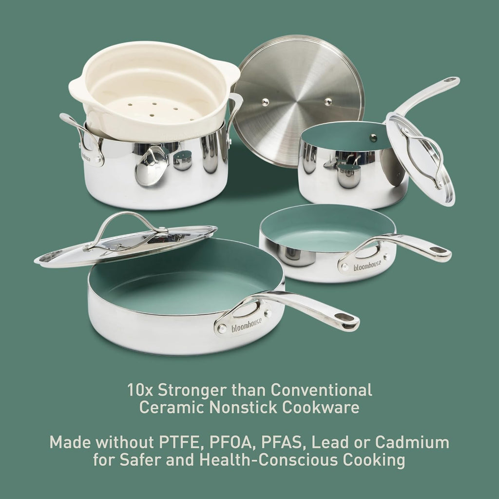 Bloomhouse - Two Time Oprah's Favorite Things Winner - 8 Piece Triply Stainless Steel Pots and Pans Cookware Set W/Sage Green Non Toxic Pro Ceramic Non Stick Interior