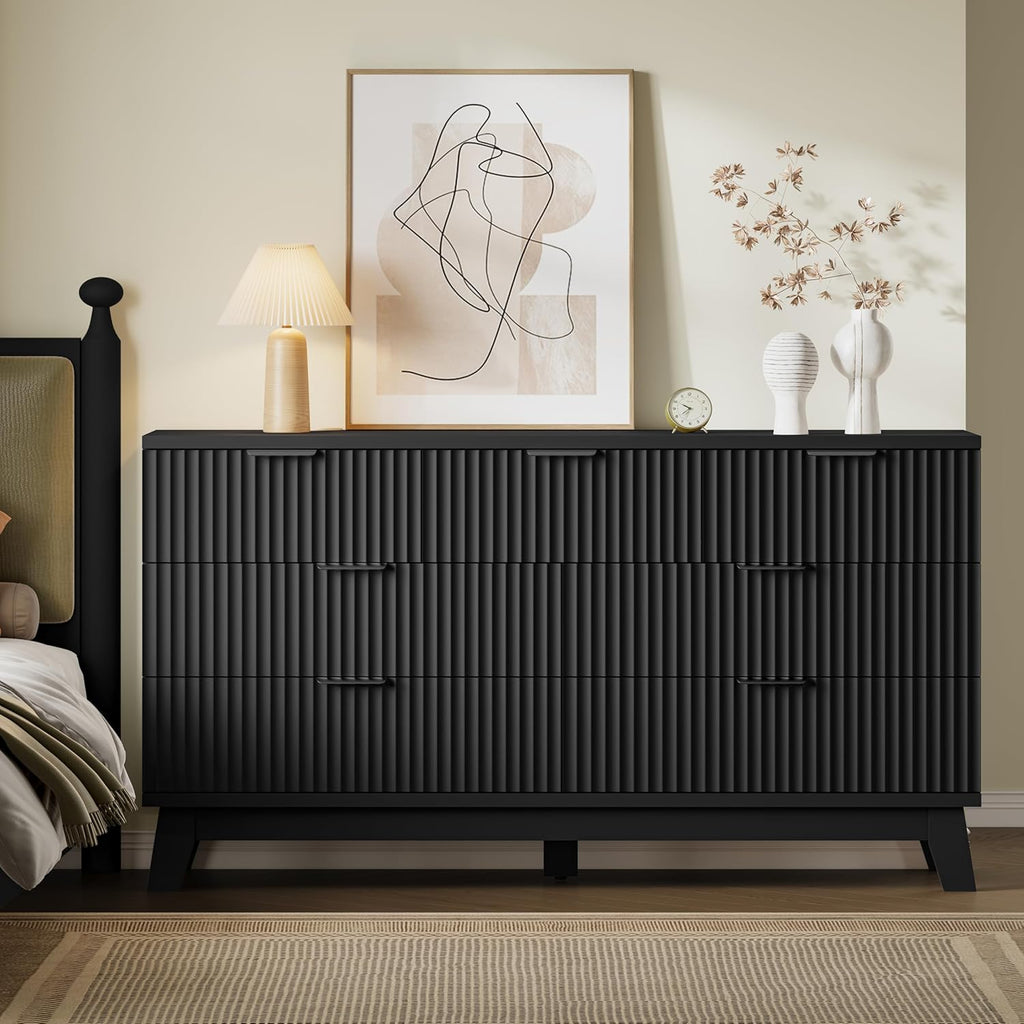57" Long Dresser for Bedroom, 7-Drawer Fluted Chest, Wide Wood Storage Dresser with Metal Slides and Handles, Stable Base, Modern Clothes Organizer for Primary Suite, Guest Room, Nursery