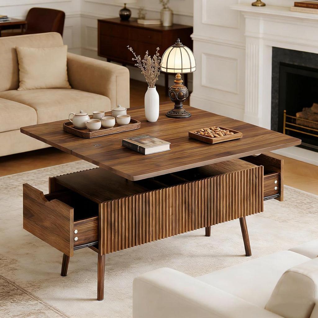 40" Lift Top Coffee Table, 4 in 1 Multi-Function Coffee Tables with Storage Drawers and Lift Tabletop, Mid Century Modern Dining Table Fluted Center Table for Living Room, Walnut