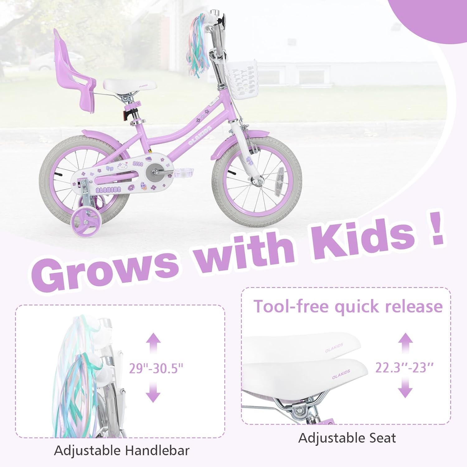 Olakids Kids Bike, 12 14 16 18 20 Inch Toddlers Bike with Doll Seat Basket Adjustable Seat and Handlebar, Handbrake and Coaster Brake, Children's Bicycle for Girls