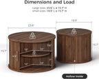 IRONCK Round Coffee Table Set of 2, Fluted Coffee Table and End Table with Storage, Wood Center Tables with Sliding Tambour Door and Hollow Side Table, Mid Century Modern, Walnut