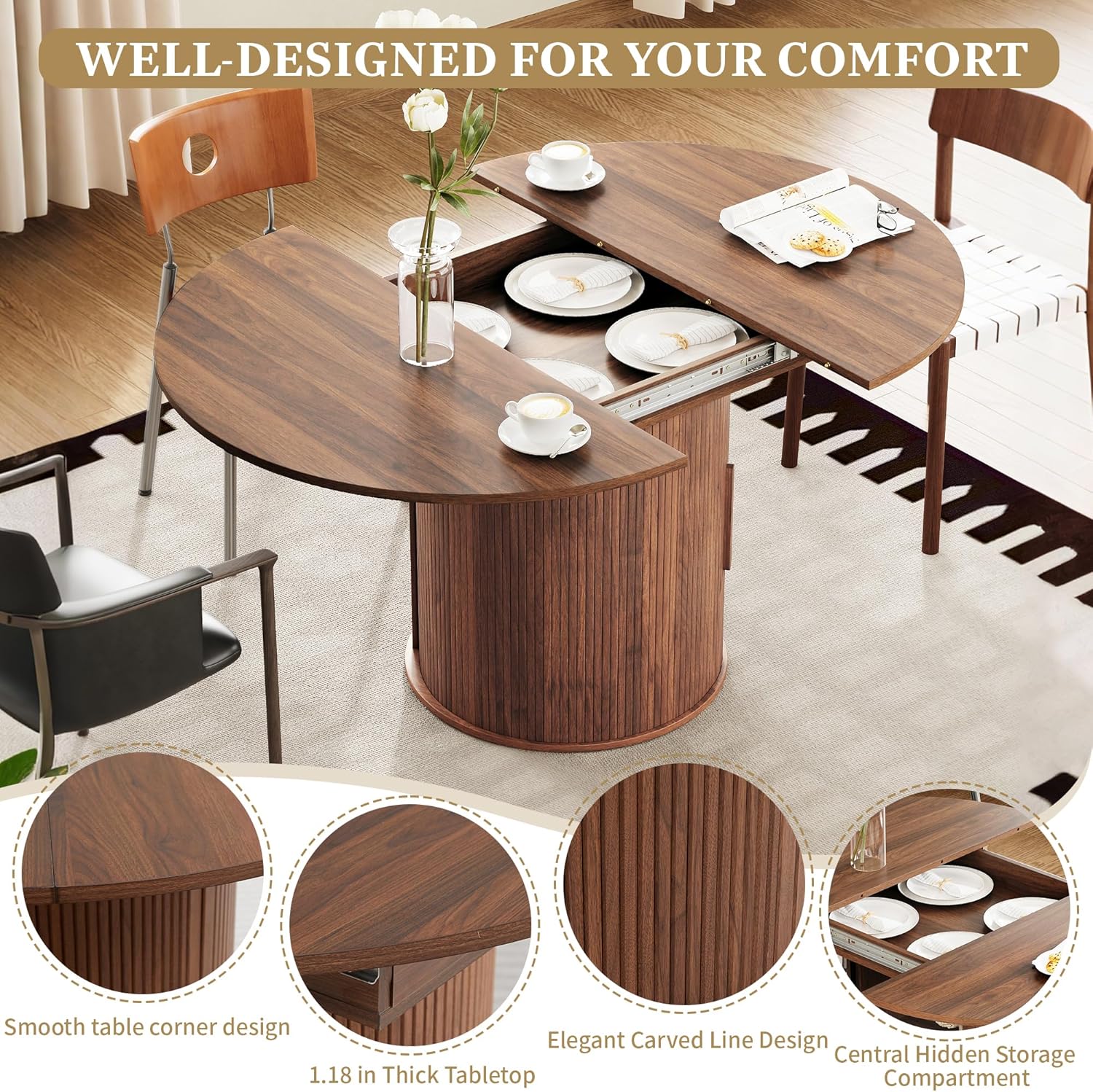 43"-59" Extendable Round to Oval Dining Table with Hidden Storage, Modern Wooden Kitchen Table with Fluted Sliding Door Cabinet, Expandable Dinner Table for Dining Room Living Room (Walnut)
