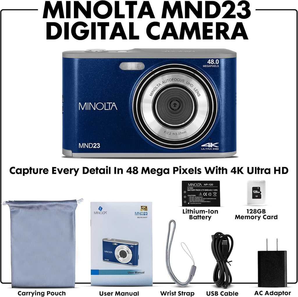 Minolta 48MP Digital Camera with Rear Selfie Lens – 4K Ultra HD Video  2.8" LCD Screen  16X Digital Zoom  Autofocus  Slow Motion  Time Lapse  Filters  Scene Modes  32GB Card Included (Blue)