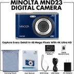 Minolta 48MP Digital Camera with Rear Selfie Lens – 4K Ultra HD Video  2.8" LCD Screen  16X Digital Zoom  Autofocus  Slow Motion  Time Lapse  Filters  Scene Modes  32GB Card Included (Blue)