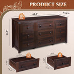WLIVE Farmhouse Dresser for Bedroom, 63" Wide 9 Drawer Dresser Storage Organizer, Wood Chest of Drawers for Bedroom, TV Stand for 70 inch TV for Living Room, Hallway, Ball Bearing Slide (Brown)