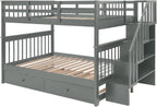 Bellemave Full Over Full Bunk Beds with Stairs and Trundle Wood Bunk Bed Frame with Staircase and Storage Shelves for Kids Teens Adult, Detachable Stairway Bunkbed for Boys Girls, Gray