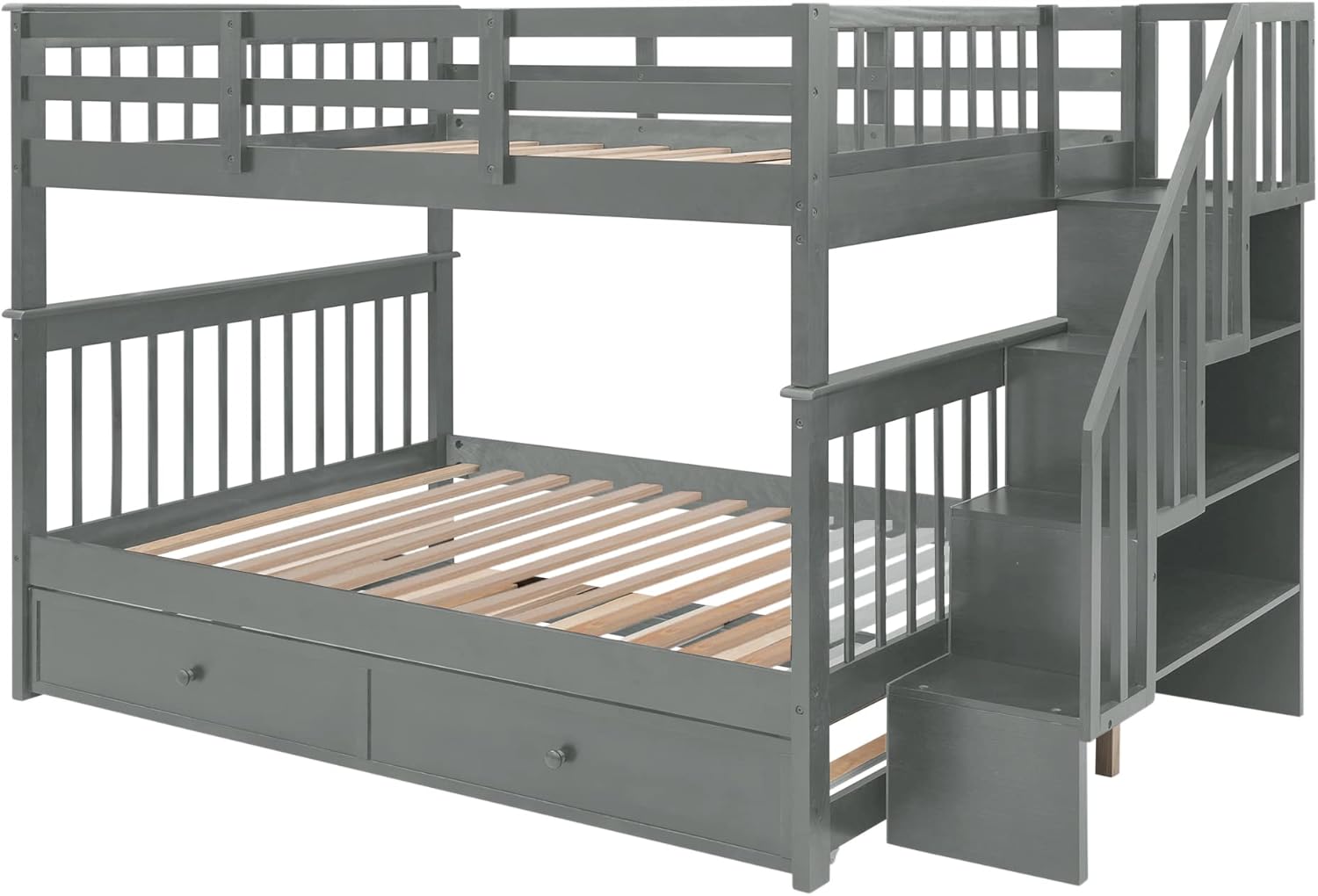 Bellemave Full Over Full Bunk Beds with Stairs and Trundle Wood Bunk Bed Frame with Staircase and Storage Shelves for Kids Teens Adult, Detachable Stairway Bunkbed for Boys Girls, Gray