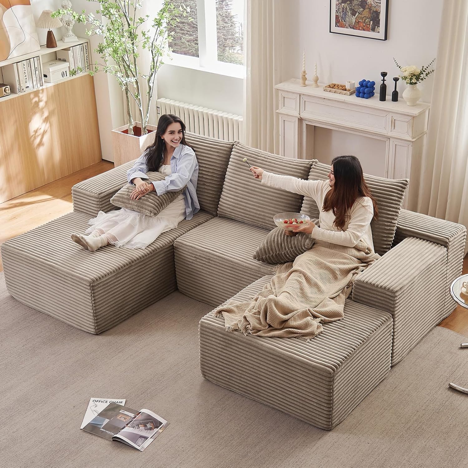 107" Cloud Modular Sectional Couches, Modern Convertible U Shaped Couch, 3 Seat Corduroy Comfy Deep Seat Sectional Sofa Oversize Deep Seat Sofa Camel