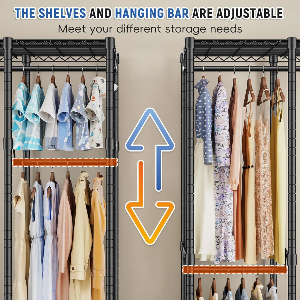 Raybee 88.2" W Clothes Rack Heavy Duty Clothing Racks for Hanging Clothes Extra Wide Portable Closet Loads 1200LBS Freestanding Garment Rack for Bedroom 88.2" W x 75.6" H x 15.7" D, Black