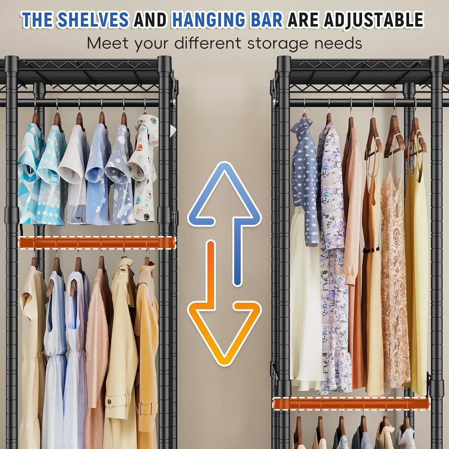 Raybee 88.2" W Clothes Rack Heavy Duty Clothing Racks for Hanging Clothes Extra Wide Portable Closet Loads 1200LBS Freestanding Garment Rack for Bedroom 88.2" W x 75.6" H x 15.7" D, Black