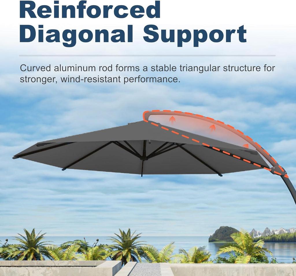 12FT Cantilever Umbrella with Base Large Curvy Outdoor Aluminum Offset Umbrella w/ 360° Rotation  UV Resistant Canopy for Patio  Garden  Backyard  Grey