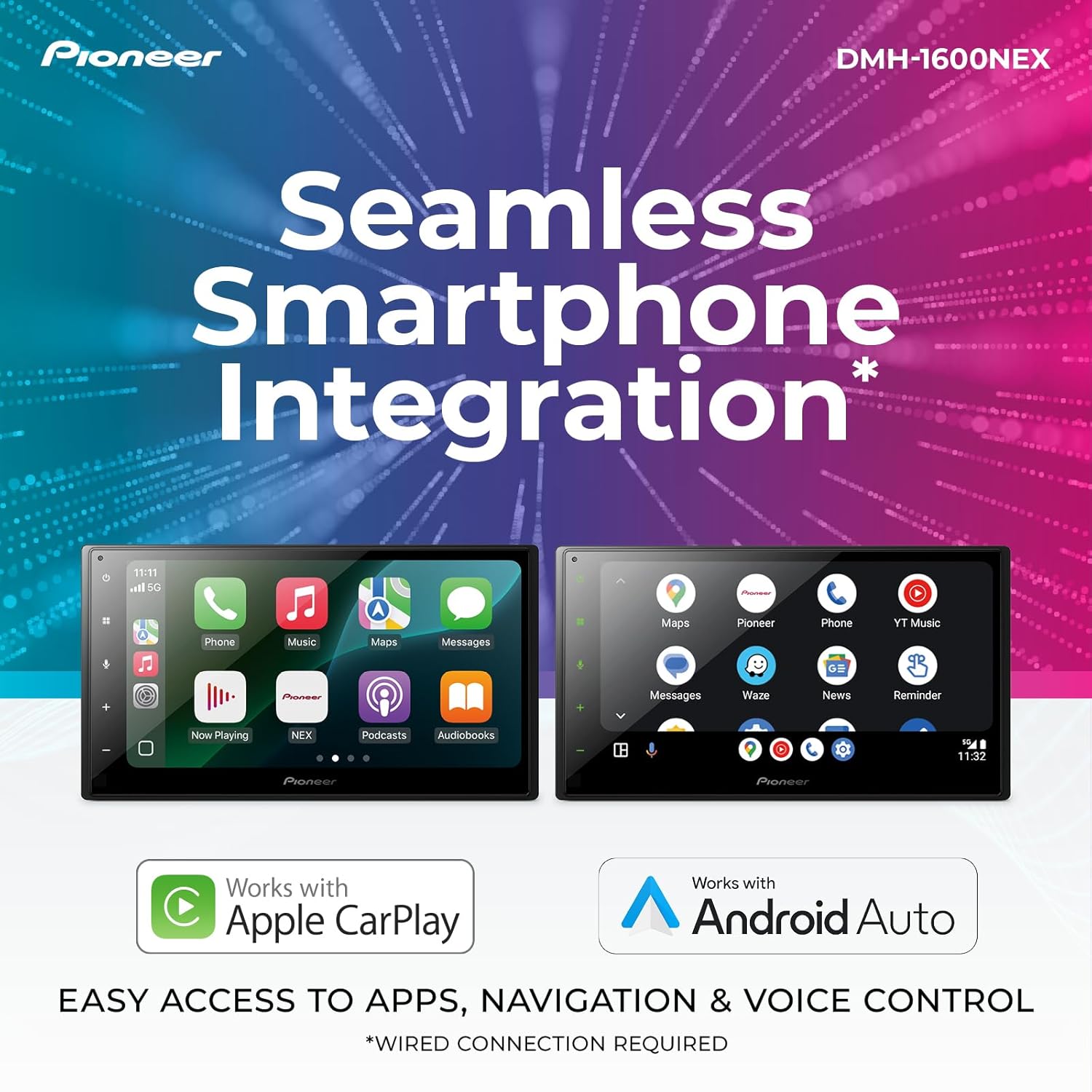Pioneer DMH-1600NEX 6.8" Double-Din Digital Multimedia Receiver - Built in Bluetooth  Wired Apple CarPlay and Android Auto  Touchscreen  Rear Camera Input
