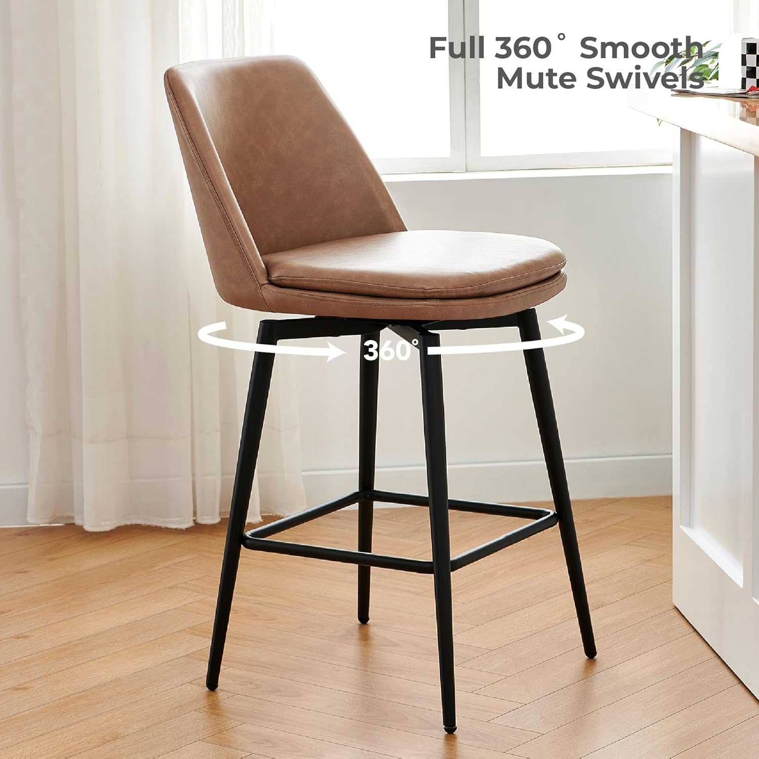 CHITA Swivel Bar Stools, 27.2" Counter Height Bar Stools Set of 3, FSC Certified Upholstered Modern Counter Stools, Metal Legs, Faux Leather, Saddle Brown