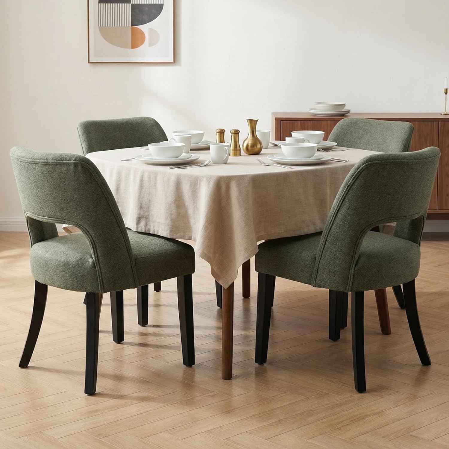keoni Wooden Dining Chairs Set of 4, Mid Century Modern Upholstered Dining Room Chairs with Black Wood Legs, Fabric Farmhouse Kitchen Chairs with Foot Pegs for Dining Room, Green