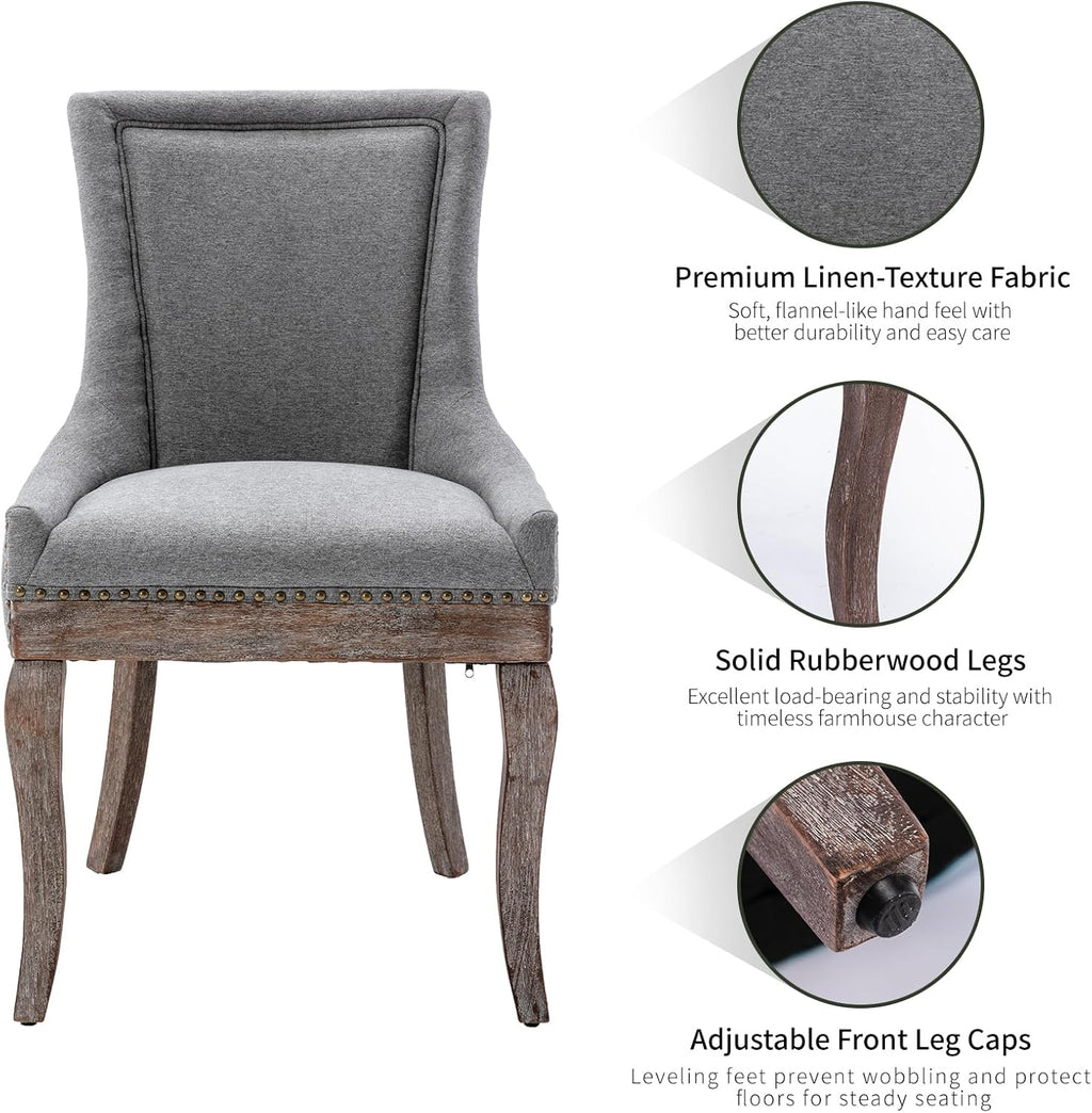 Modern Dining Chairs Set of 6, Fabric Upholstered High Back Chairs with Nailhead Trim and Curved Solid Wood Legs, Sillas de Comedor Accent Chairs for Dining Room, Gray