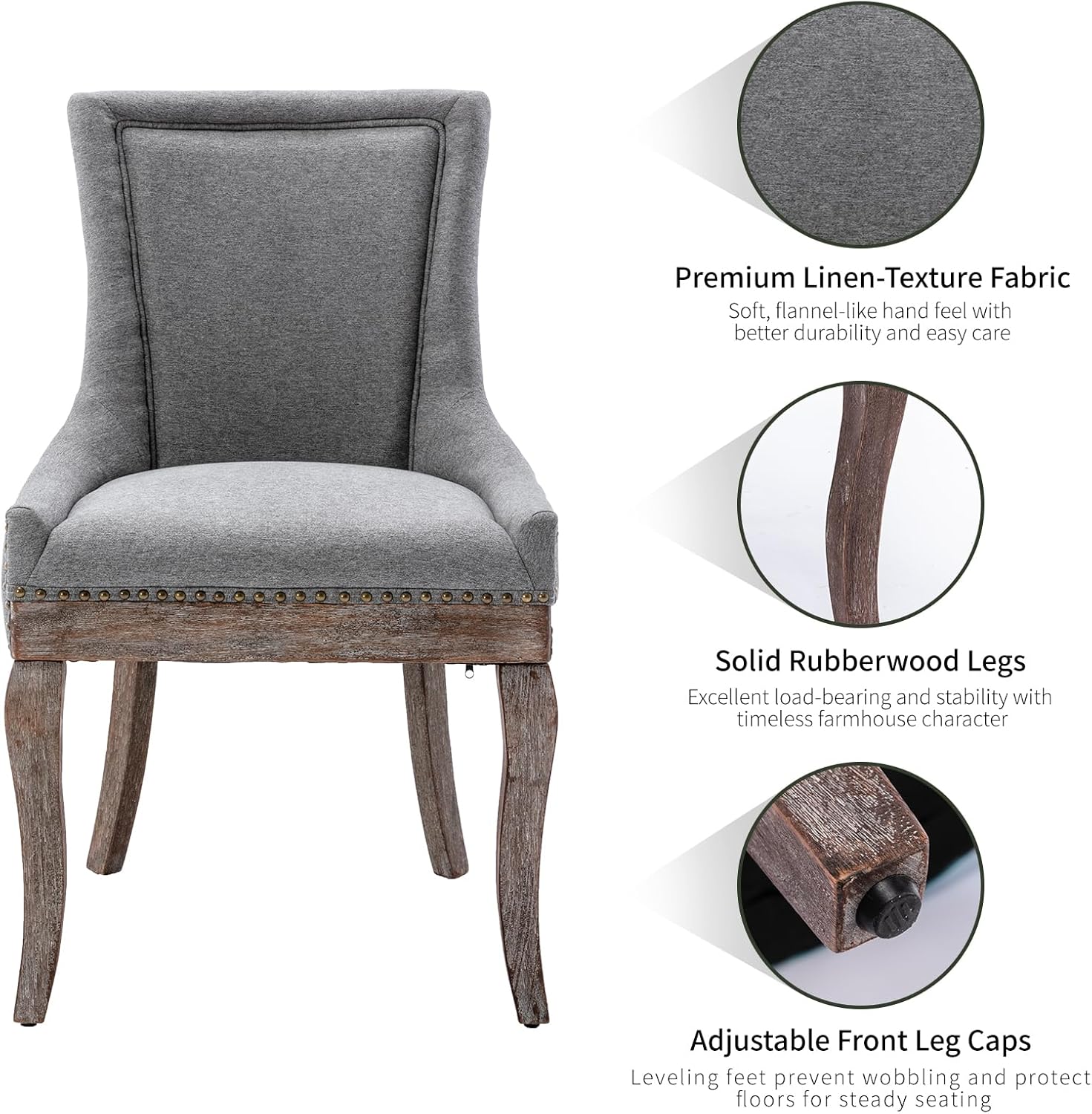 Modern Dining Chairs Set of 6, Fabric Upholstered High Back Chairs with Nailhead Trim and Curved Solid Wood Legs, Sillas de Comedor Accent Chairs for Dining Room, Gray