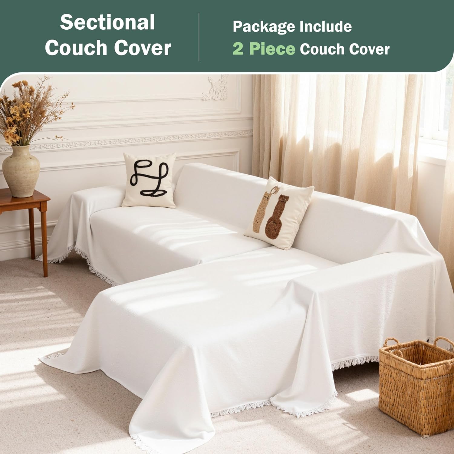 MEETSKY L Shaped Sectional Couch Covers, 2 Pieces Chenille Washable White Sofa Covers, Furniture Protector Sofa Throw Cove for Pets, Sofa Slipcover for 3-4 Cushion Couch (XX-Large, 71"x118"+91"x134")