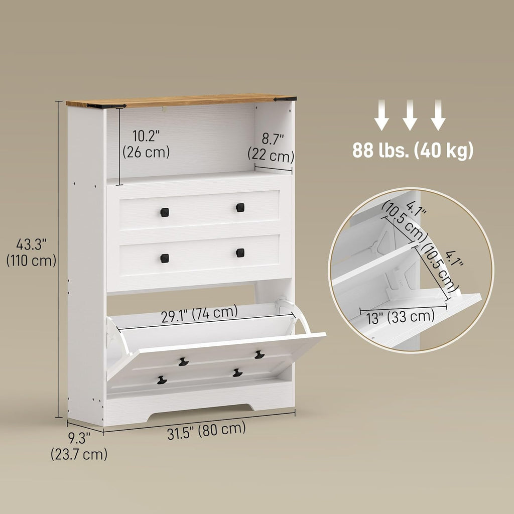 HOMCOM Shoe Cabinet with 2 Flip Drawers, Narrow Shoe Storage Cabinet with Adjustable Shelves and Open Shelf, Farmhouse Storage Organizer for Entryway, Hallway, Holds 12-16 Pairs, White