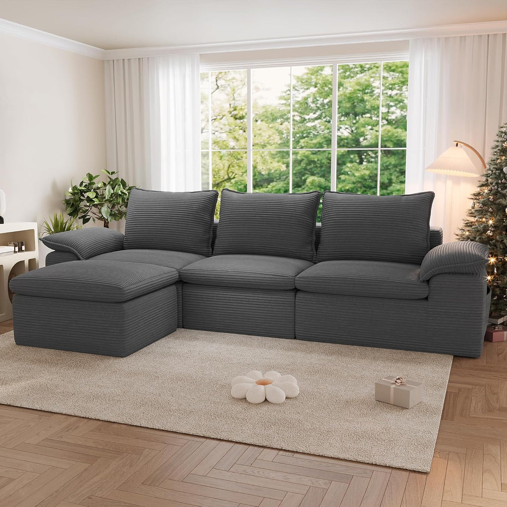 104" Cloud Sectional Couch, Boneless Couches for Living Room, L Shaped Couch with Ottoman, Modular Sectional Sofa with Deep Seat, Modern Boneless Sofa for Living Room, No Assembly (Grey, L-Shaped)